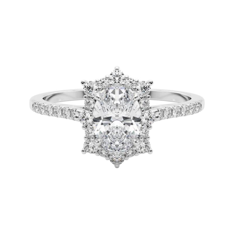 GIA 2.01ct Anello ovale vintage con fiocco di neve e aureola in oro bianco