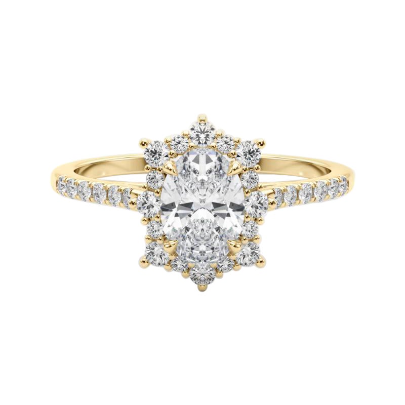 GIA 2.01ct Anello ovale vintage con fiocco di neve e aureola in oro giallo in vendita