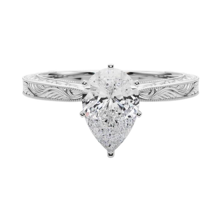 GIA 2.01ct Pear Classic Solitaire Antique Gravé Bague Diamant
