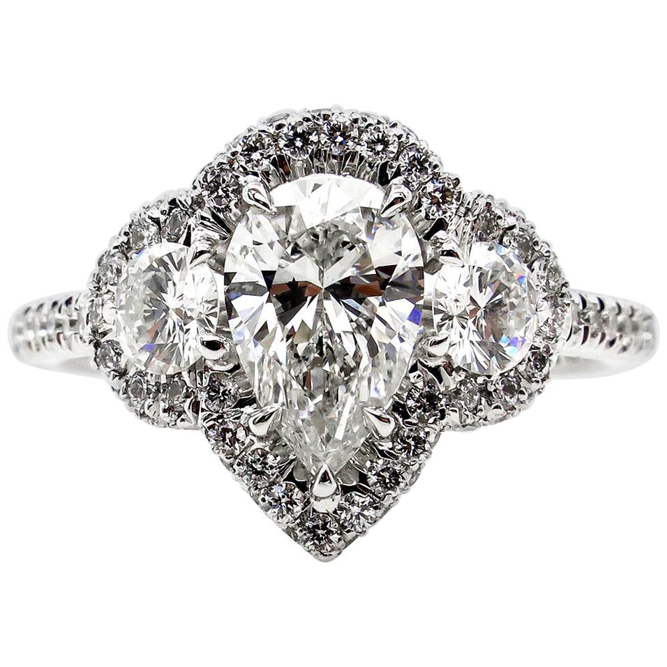 GIA 2.01 Carat Pear Shaped Diamond Three-Stone Wedding White Gold Ring