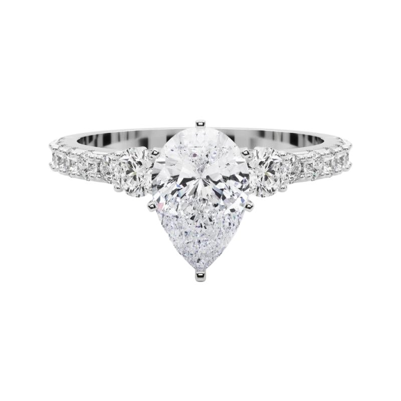 GIA 2,01ct Pear Three-Stone con gambo di diamante Anello di diamanti in oro bianco 18K