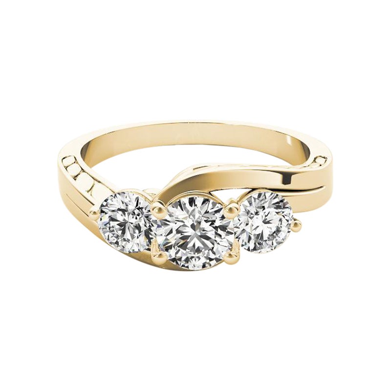 GIA 2.01ct Round 3-Stone Engraved Curved Shank 18K Yellow Gold Diamond Ring