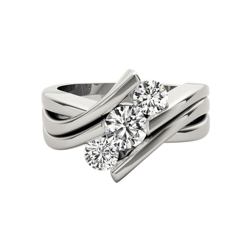 GIA 2.01ct Round 3-Stone Modern Curved Bypass 18K White Gold Diamond Ring For Sale