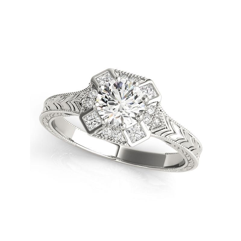 Taille ronde GIA 2.01ct Round Art Deco Geometric Bezel Engraved White Gold Diamond Ring (bague en or blanc avec diamant rond gravé) en vente