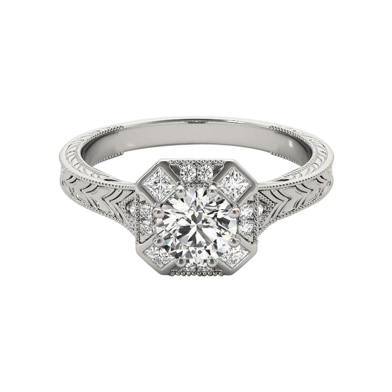 GIA 2,01ct Anello con diamante rotondo Art Deco con castone geometrico inciso in oro bianco