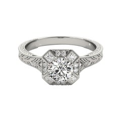 GIA 2,01ct Anello con diamante rotondo Art Deco con castone geometrico inciso in oro bianco