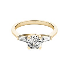 GIA 2.01ct Round & Baguette 3-Stone Twisted Prong 18K Yellow Gold Diamond Ring