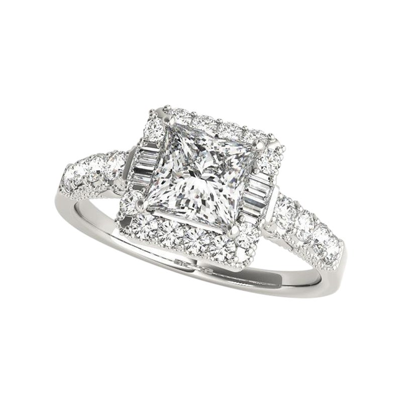 GIA 2,01ct Anello con diamante solitario quadrato aureolato e rotondo in oro bianco 18K in vendita