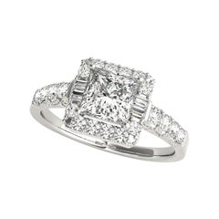 GIA 2.01ct Solitaire Square Halo Baguette & Round 18K White Gold Diamond Ring