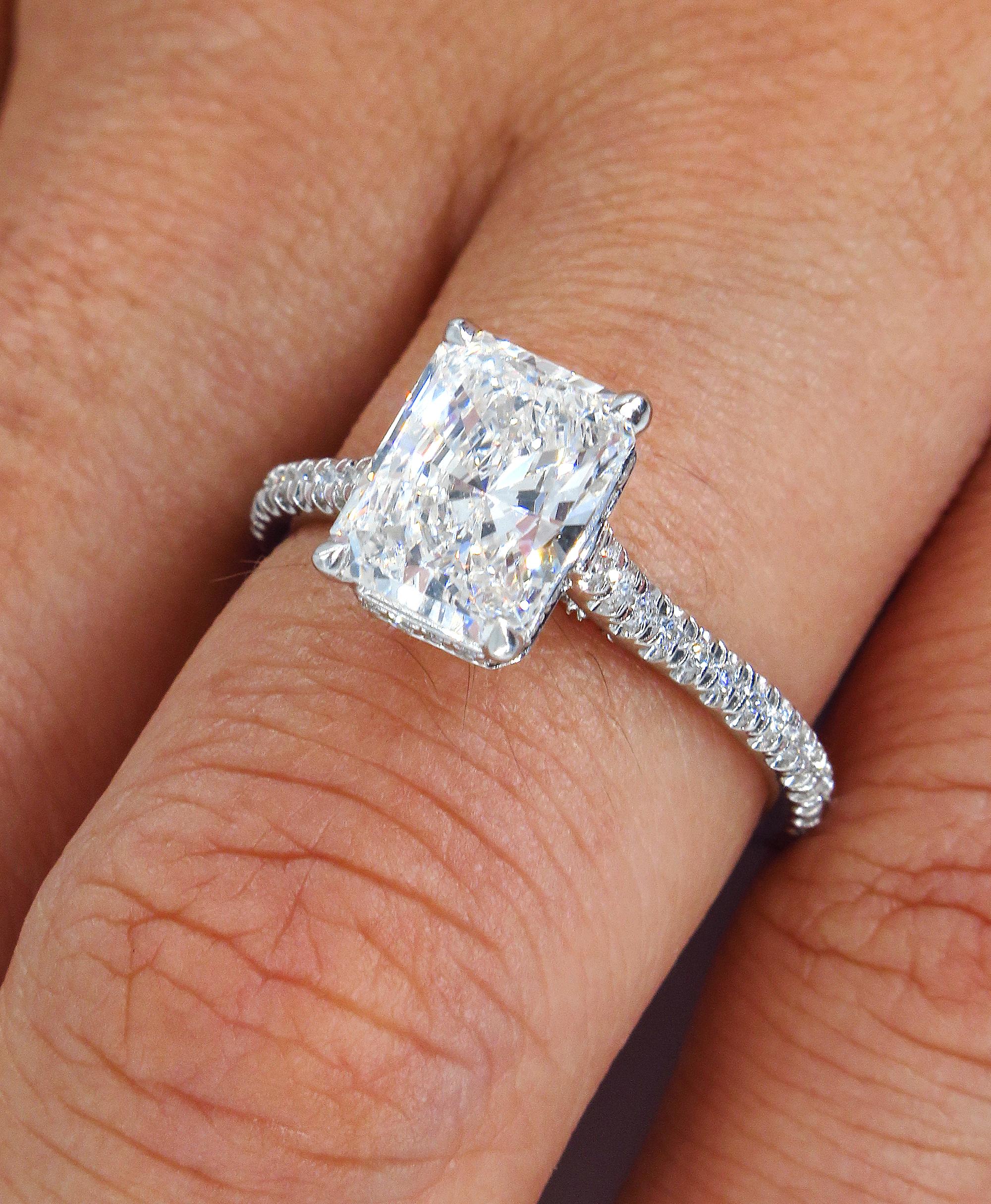 Women's GIA 2.01 Carat Radiant Cut Diamond Pave Solitaire Platinum Wedding Ring