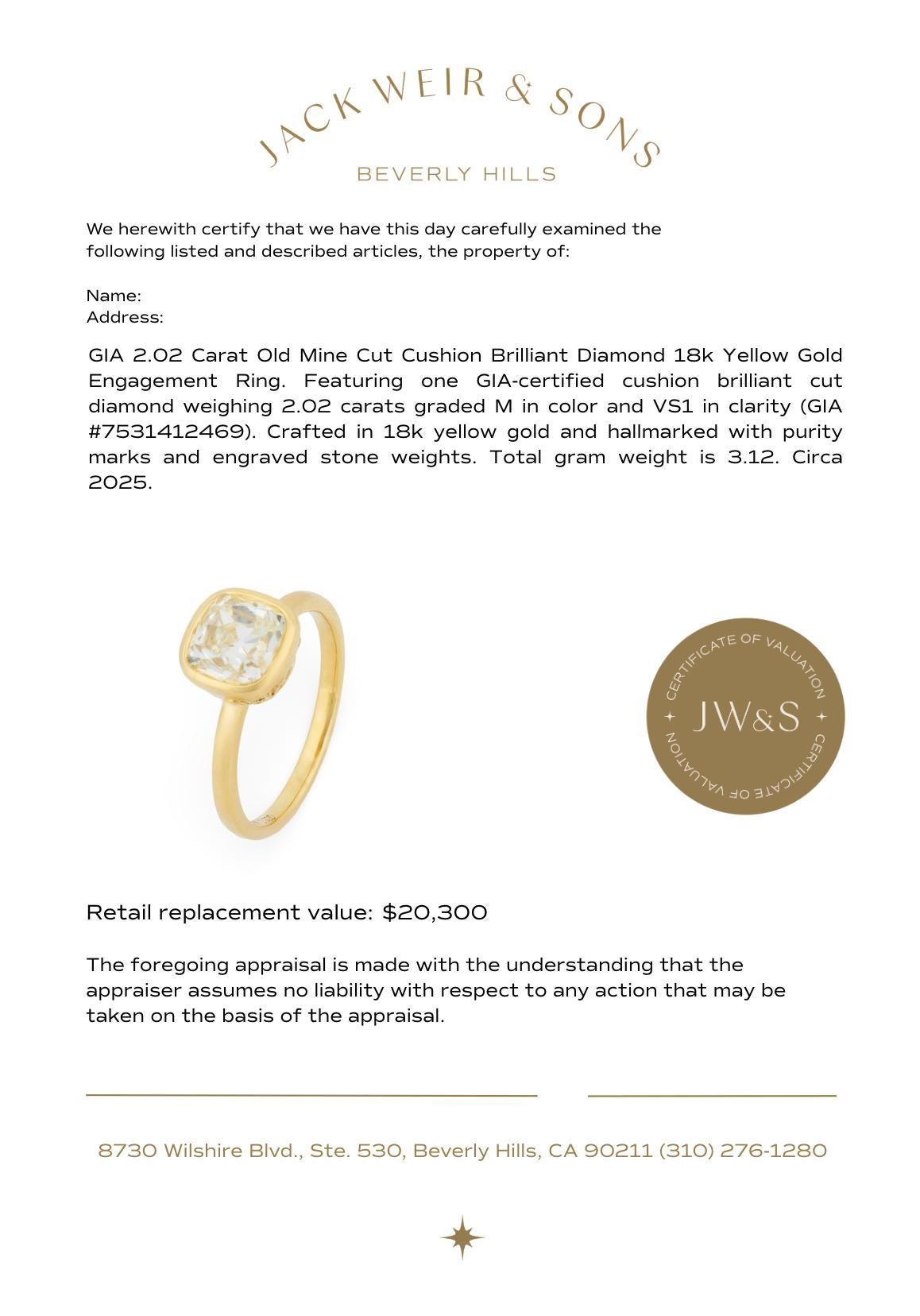 Bague de fiançailles en or jaune 18k GIA 2,02 carats diamant taille mine ancienne en vente 2