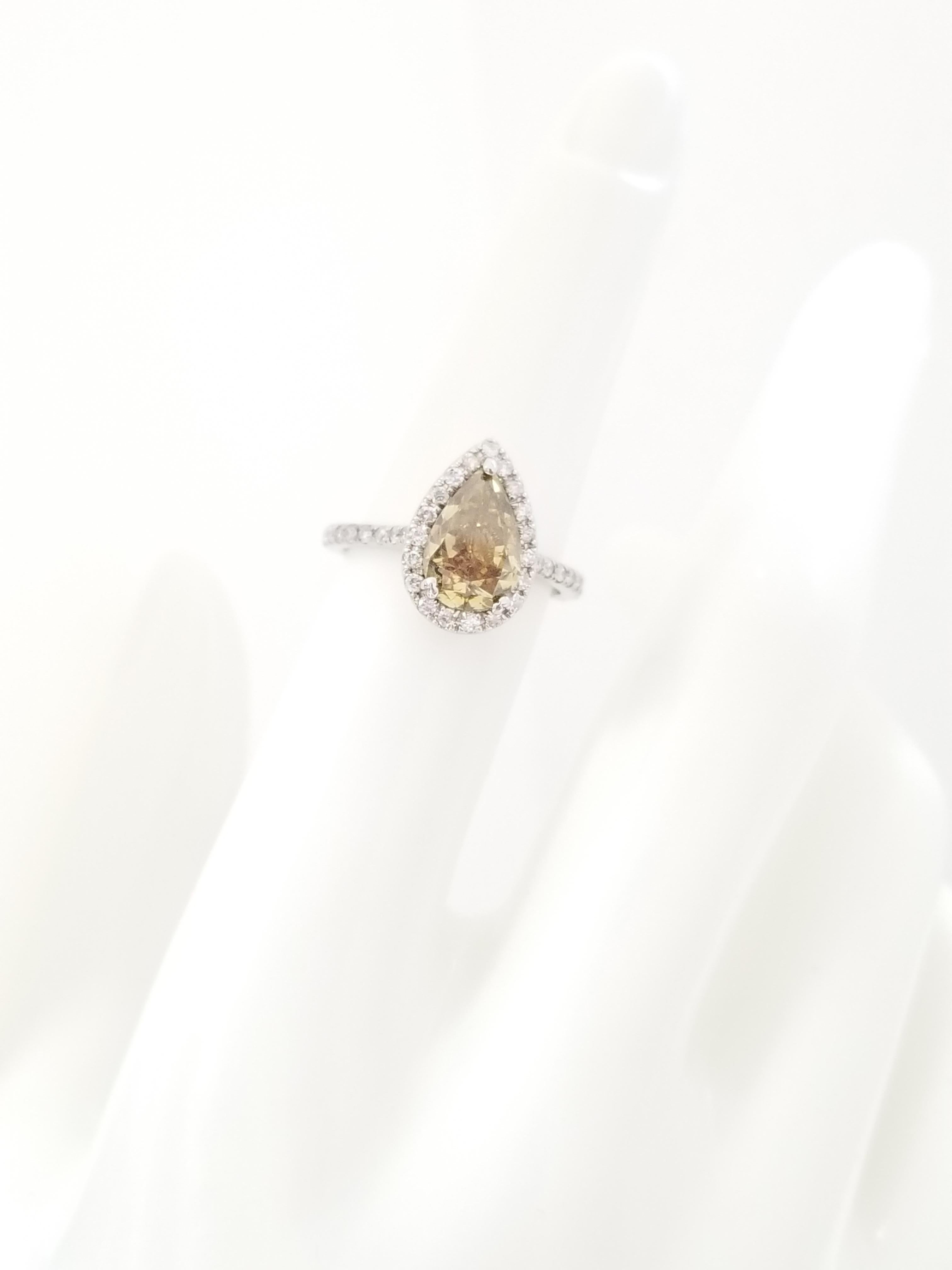 Pear Cut GIA 2.02 Carat Pear Shape Fancy Yellow Natural Diamond Ring 14 Karat White Gold For Sale