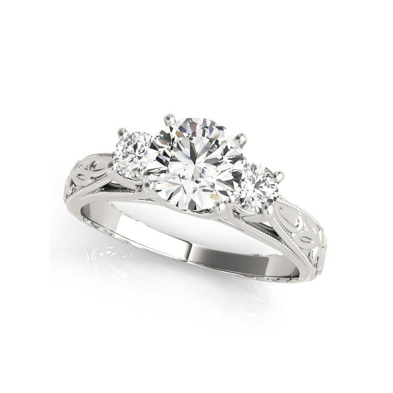 Taille ronde GIA 2.02 Carat Round Three-Stone Vintage Milgrain 18K White Gold Diamond Ring (bague à trois pierres rondes en or blanc) en vente