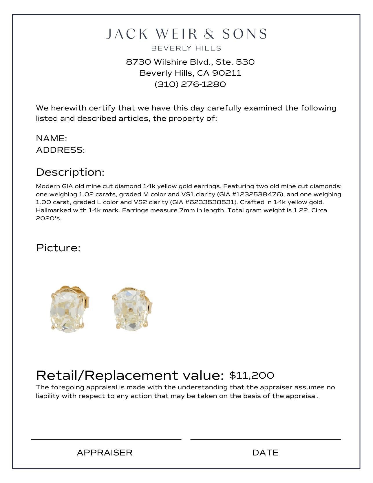 GIA Boucles d'oreilles en or jaune 14k avec diamant de 2,02 carats de poids total Pour femmes en vente