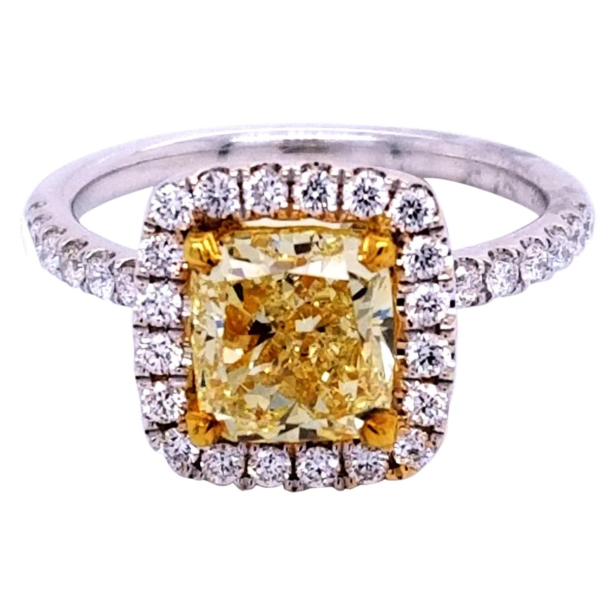GIA 2.02 Ct Yellow Cushion Diamond Pave Set 18K Engagement Ring with Halo For Sale