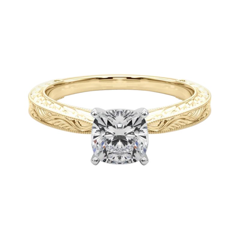 GIA 2.02ct Cushion Classic Solitaire Antique Engraved Yellow Gold Diamond Ring