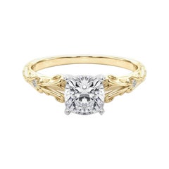 GIA 2.02ct Cushion Vintage 3-Stone Heart & Vine 18K Yellow Gold Diamond Ring