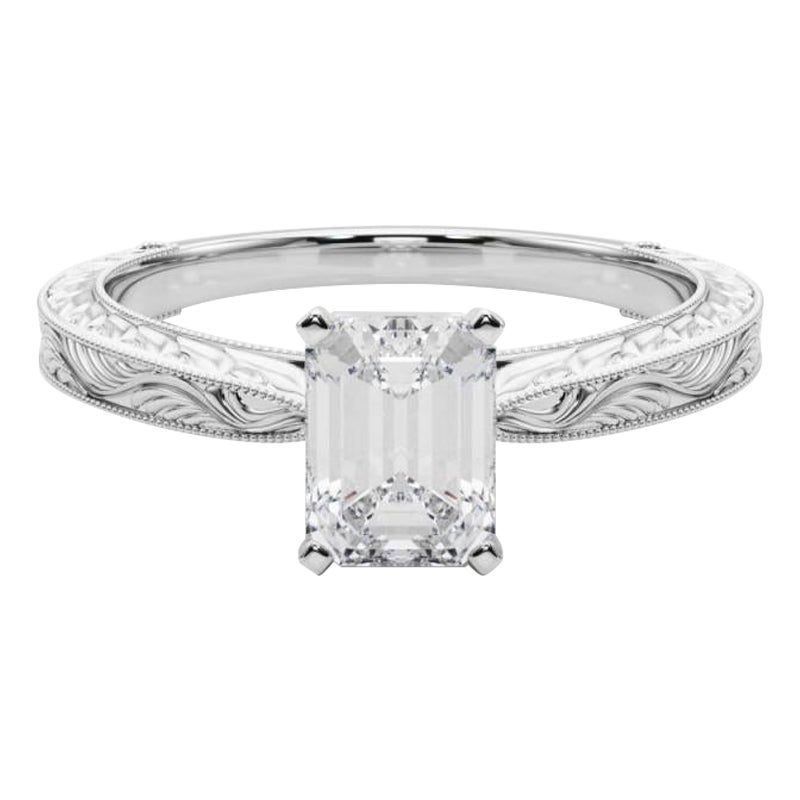 GIA 2.02ct Smeraldo Classico Solitario Anello con Diamante Antico Inciso