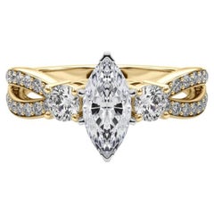 GIA 2.02ct Marquise Three-Stone Split Shank Pave 18K Yellow Gold Diamond Ring