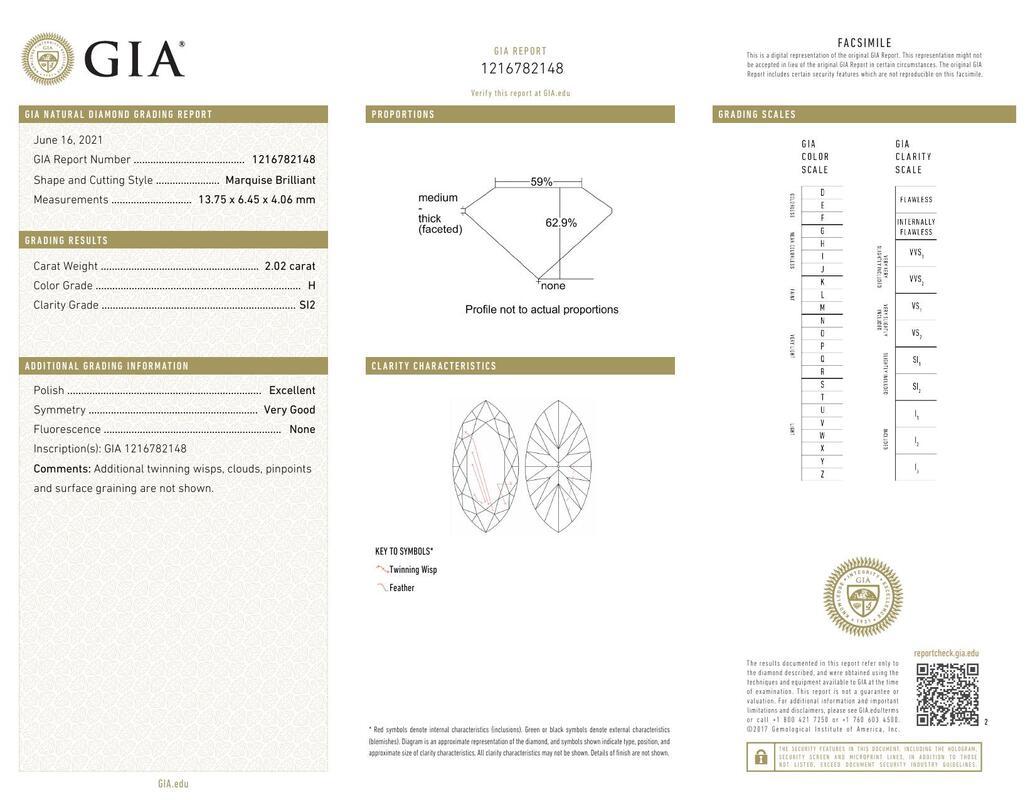 Contemporaneo GIA 2,02ct Marquise a tre pietre Baguette affusolata  Anello con diamante in vendita