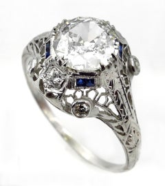 GIA 2.02 Carat Old European Diamond and Sapphire Engagement Platinum Ring