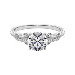 GIA 2,02ct Round Vintage 3-Stone Heart & Vine Anello di diamanti in oro bianco 18K