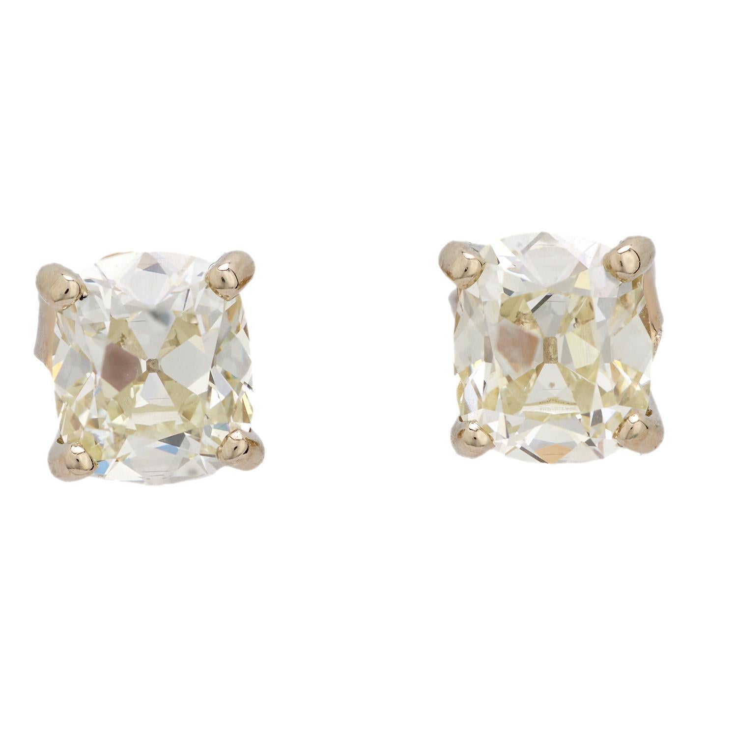 GIA 2.03 carat old mine diamond 14k yellow gold studs