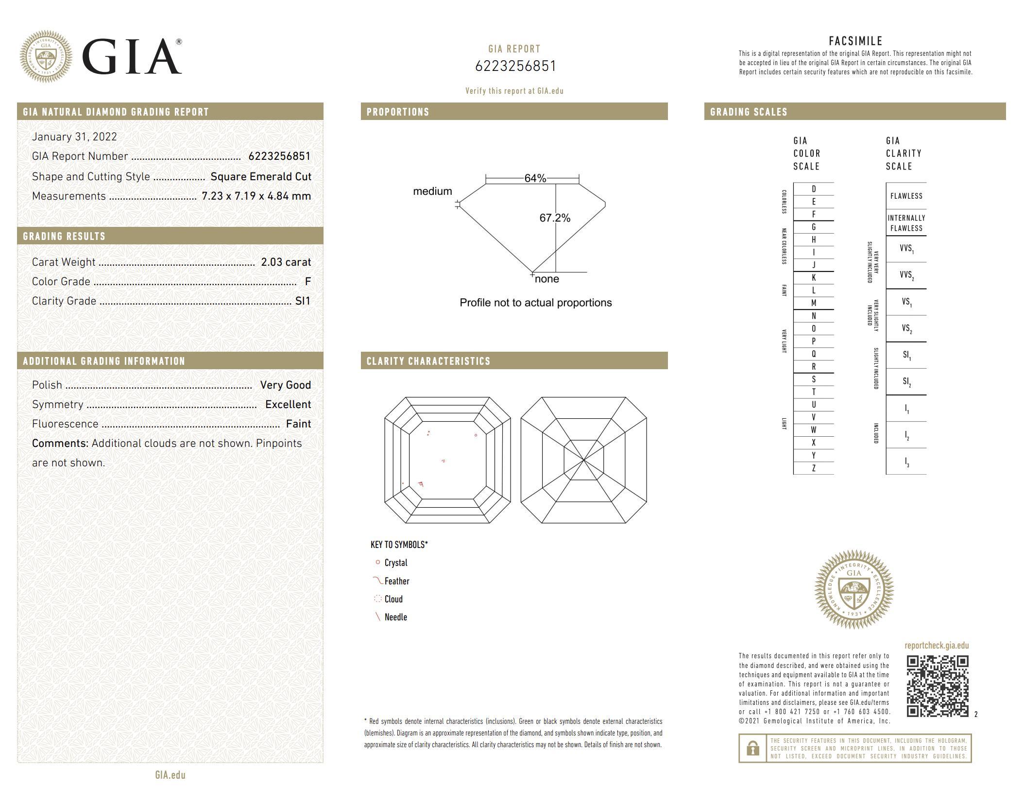 GIA Anello di fidanzamento con castone in oro giallo 18k con diamante quadrato taglio smeraldo da 2,03 carati in vendita 2