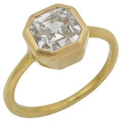 GIA 2.03 carat square emerald cut diamond 18k yellow gold bezel engagement ring