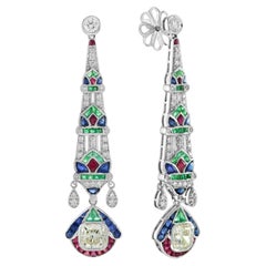 GIA 2.03ct Diamond Emerald Ruby and Sapphire Dangle Earrings in 18k White Gold
