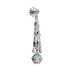 GIA 2.03 Ct. Diamond Emerald Ruby & Sapphire Dangle 18K White Gold Earrings