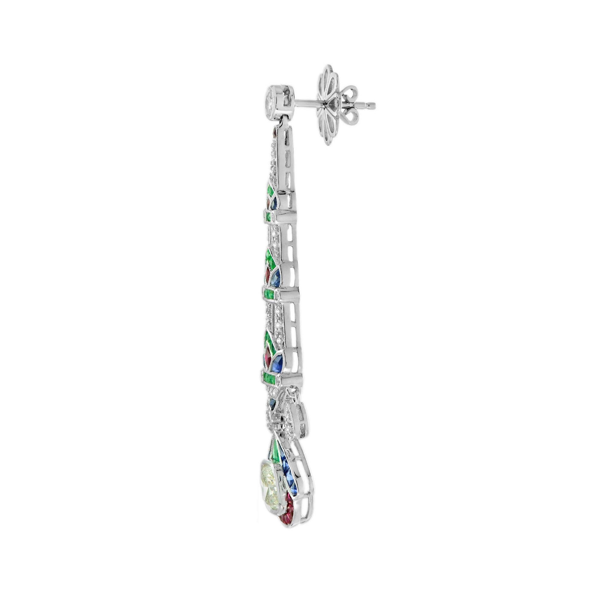 GIA 2,03 kt. Diamant-Smaragd-Rubin- und Saphir-Ohrringe aus 18 Karat Weißgold (Kissenschliff) im Angebot