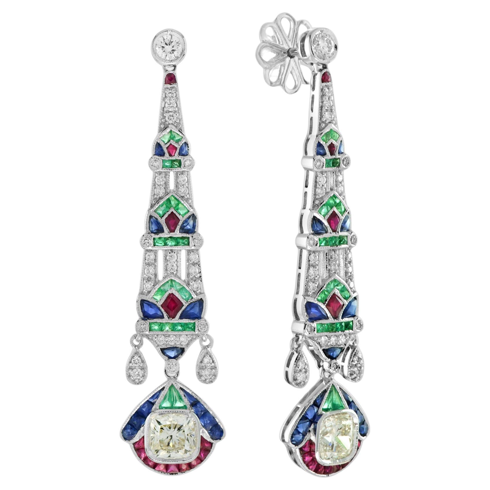 GIA 2.03 Ct. Diamond Emerald Ruby & Sapphire Dangle 18K White Gold Earrings