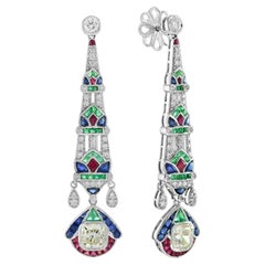 GIA 2.03 Ct. Diamond Emerald Ruby & Sapphire Dangle 18K White Gold Earrings