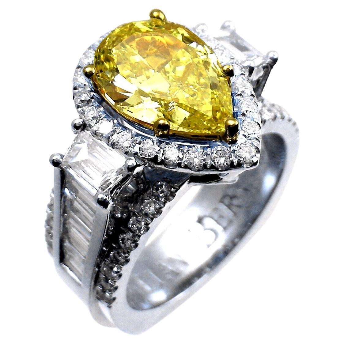 GIA 2.03 Ct Fancy Intense Yellow Pear Shaped Platinum Engagement Ring w. 2 Traps