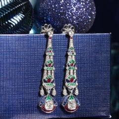 GIA 2.03ct Diamond Emerald Ruby and Sapphire Dangle Earrings in 18k White Gold