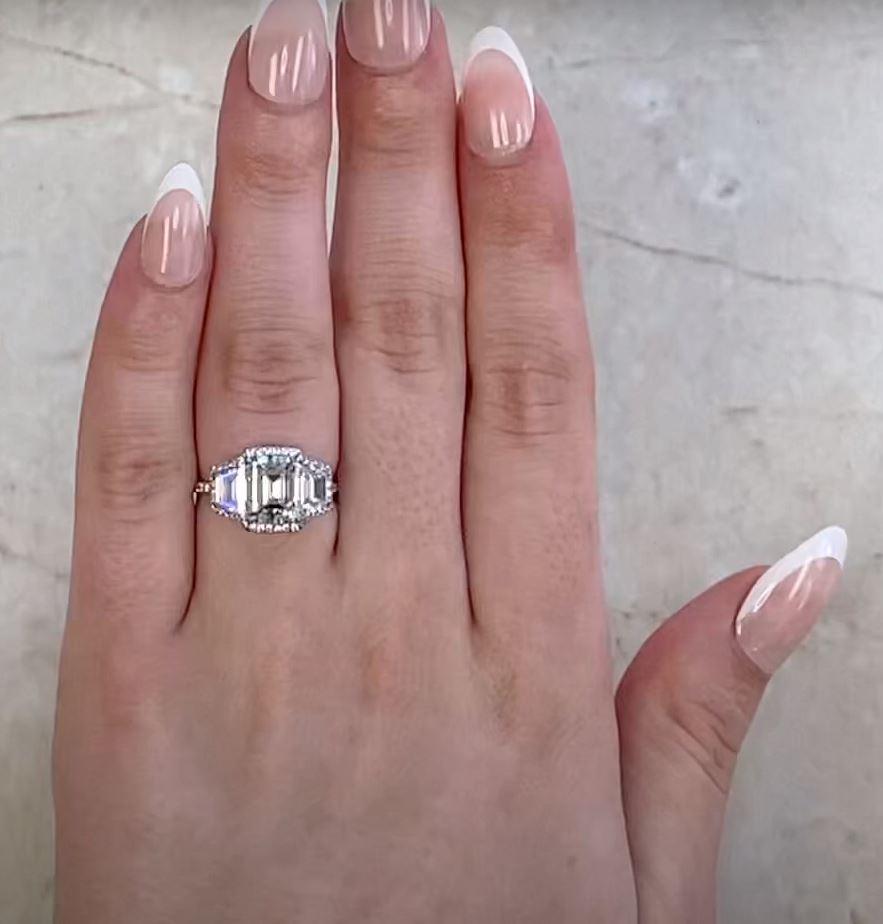GIA 2.03ct Emerald Cut Diamond Engagement Ring, D Color, Diamond Halo, Platinum For Sale 5