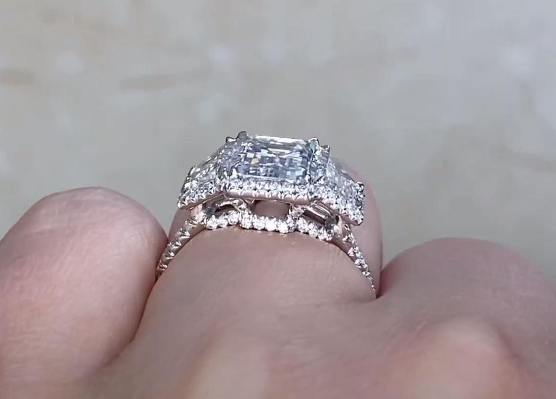 GIA 2.03ct Emerald Cut Diamond Engagement Ring, D Color, Diamond Halo, Platinum For Sale 4