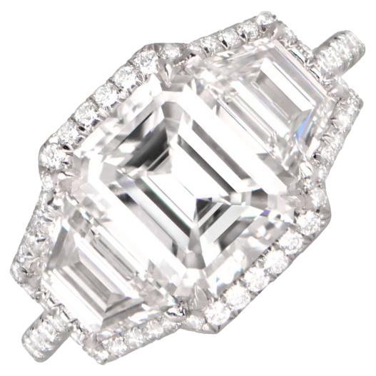 GIA 2.03ct Emerald Cut Diamond Engagement Ring, D Color, Diamond Halo, Platinum For Sale