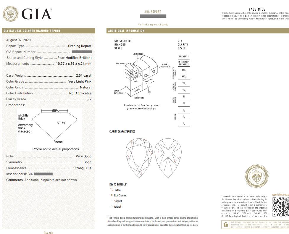 GIA 2.04 carat Natural Very Light Pink Diamond Pear-shape Pendant Necklace in Platinum 

Diamond Pendant Necklace features a large Natural Very Light Pink Pear-shaped diamond and a second Pear-shaped Diamond on the bale prong set in platinum.