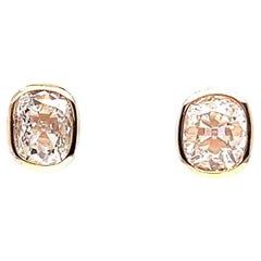 GIA 2.04 Carats Antique Cut Diamond 14 Karat Yellow Gold Stud Earrings