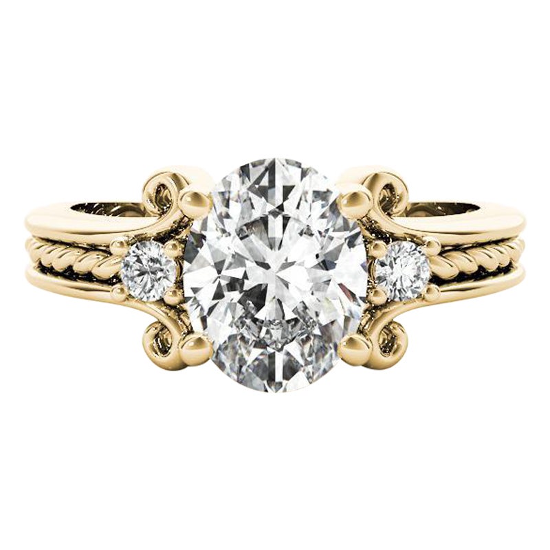GIA 2.05 Carat Oval Three-Stone Twisted Rope Band 18K Yellow Gold Diamond Ring For Sale