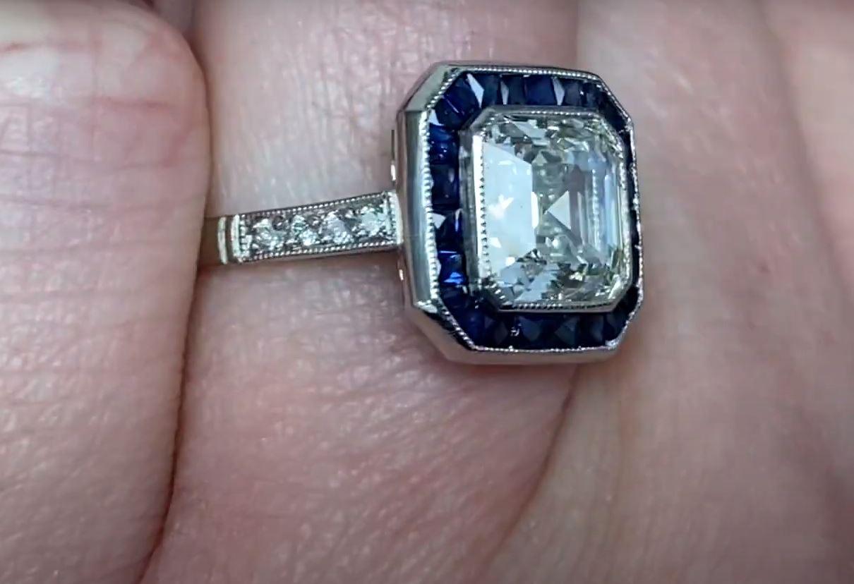 Art Deco GIA 2.07 Carat Assher-cut Diamond Ring, VVS2 Clarity, Sapphire Halo, Platinum