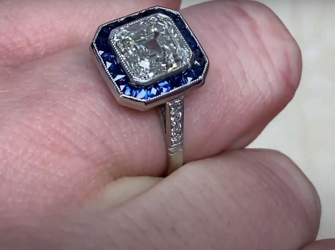 Asscher Cut GIA 2.07 Carat Assher-cut Diamond Ring, VVS2 Clarity, Sapphire Halo, Platinum