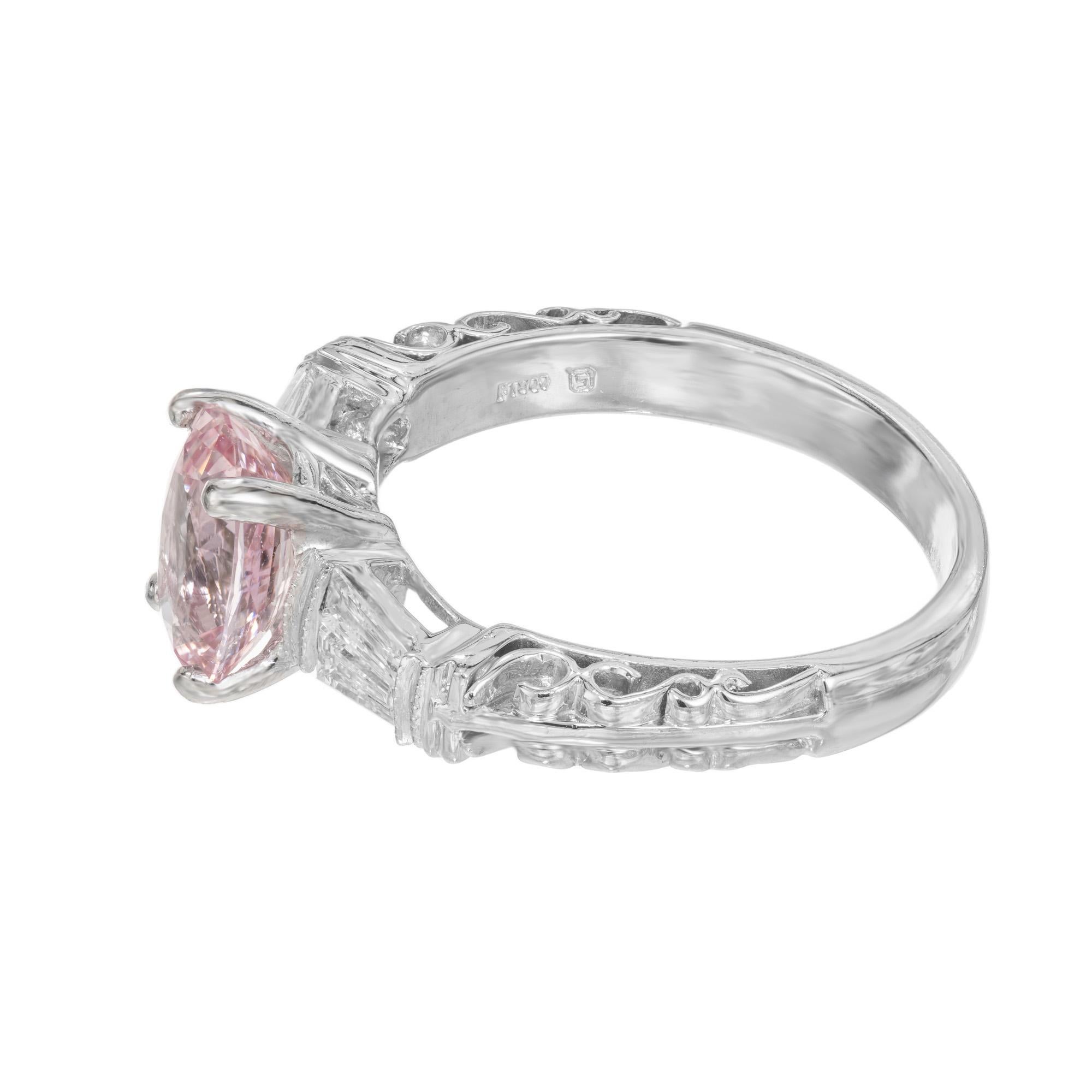 Oval Cut GIA 2.07 Carat Padparadscha Pink Sapphire Diamond Platinum Engagement Ring