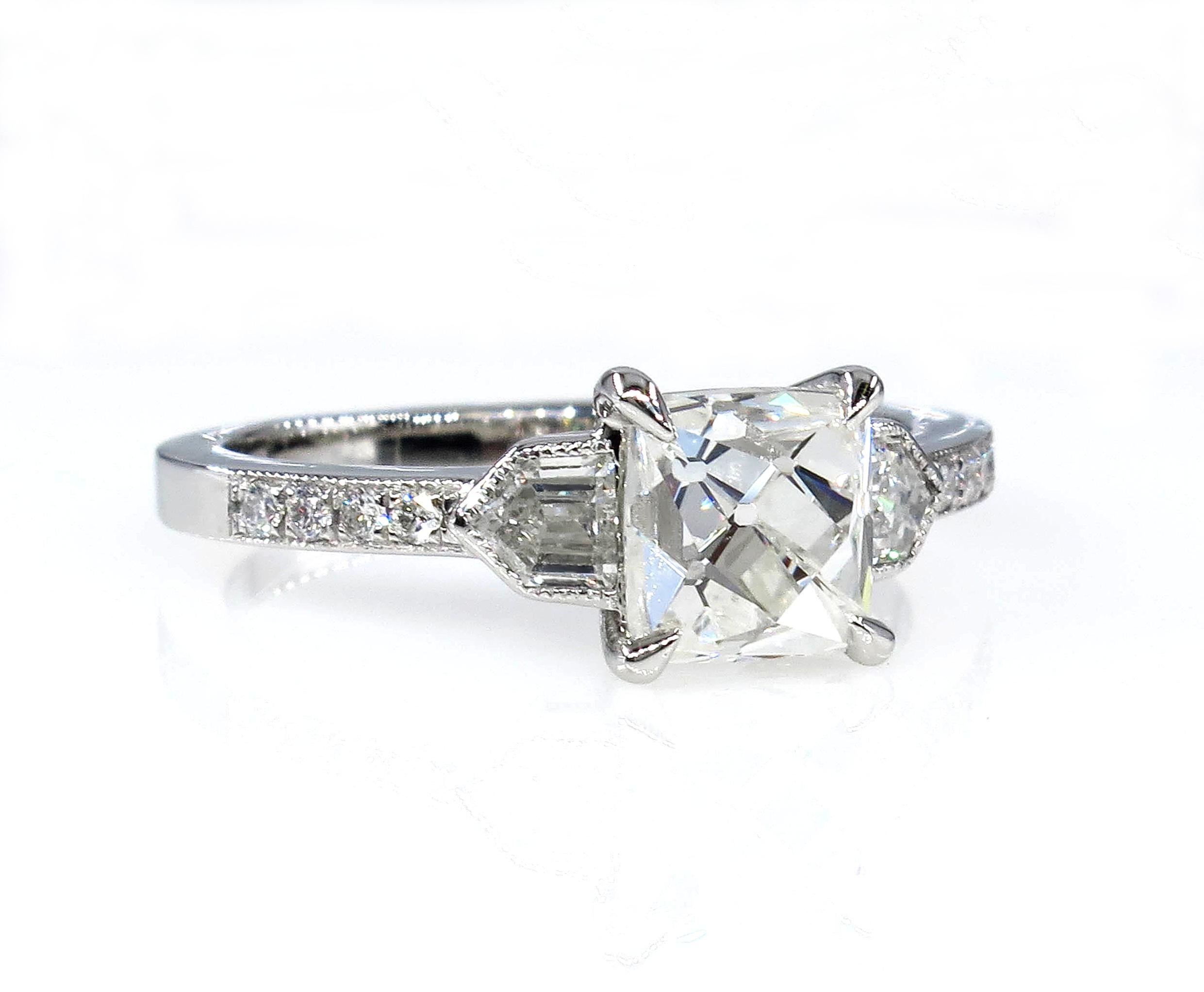 GIA 2.07 Carat Vintage French Cut Diamond Art Deco Style Trilogy Engagement Ring 2