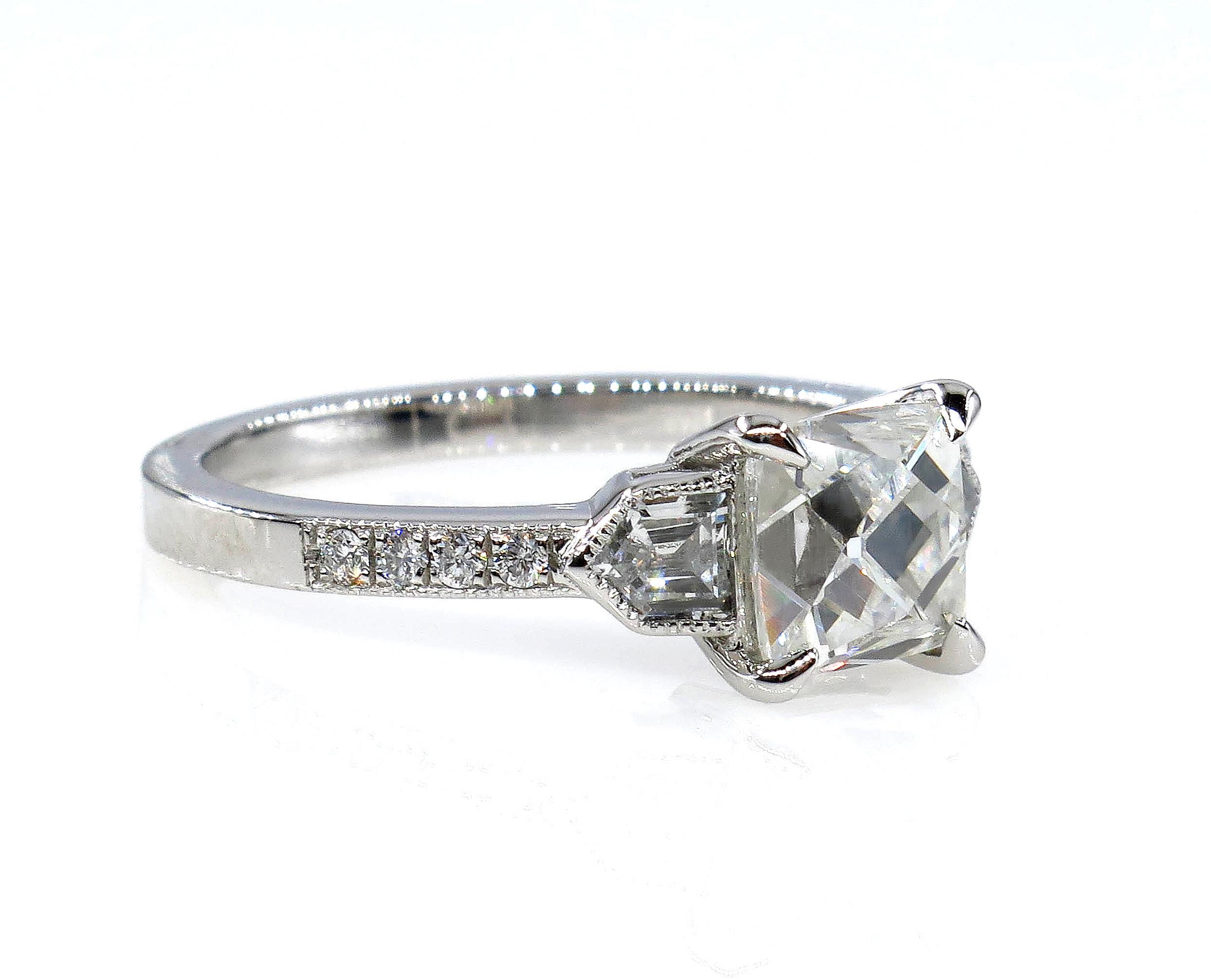 Women's GIA 2.07 Carat Vintage French Cut Diamond Art Deco Style Trilogy Engagement Ring