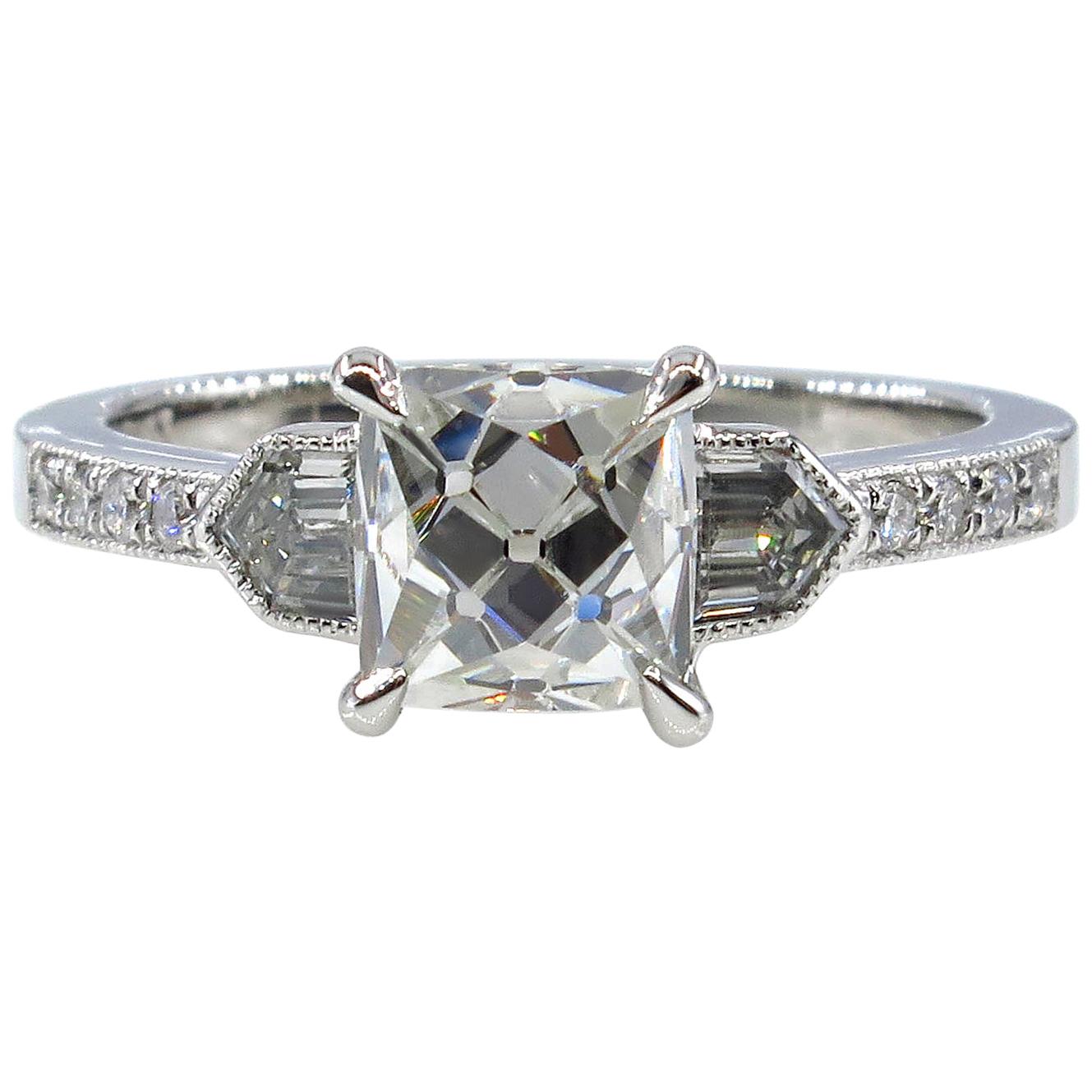 GIA 2.07 Carat Vintage French Cut Diamond Art Deco Style Trilogy Engagement Ring