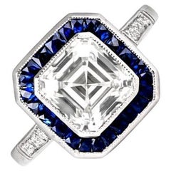 GIA 2.07 Carat Assher-cut Diamond Ring, VVS2 Clarity, Sapphire Halo, Platinum