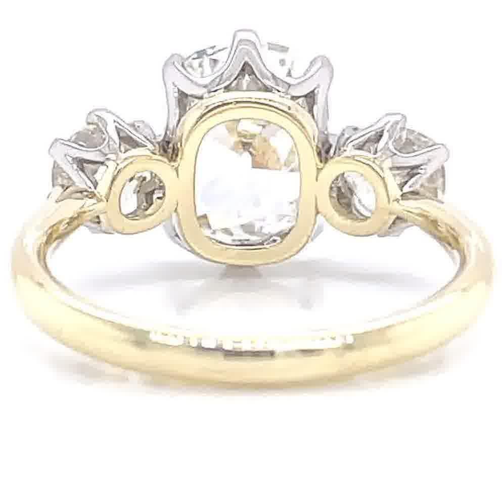 GIA 2.08 Carat Antique Cushion Cut Diamond 18k Gold Three Stone Engagement Ring In New Condition In Beverly Hills, CA